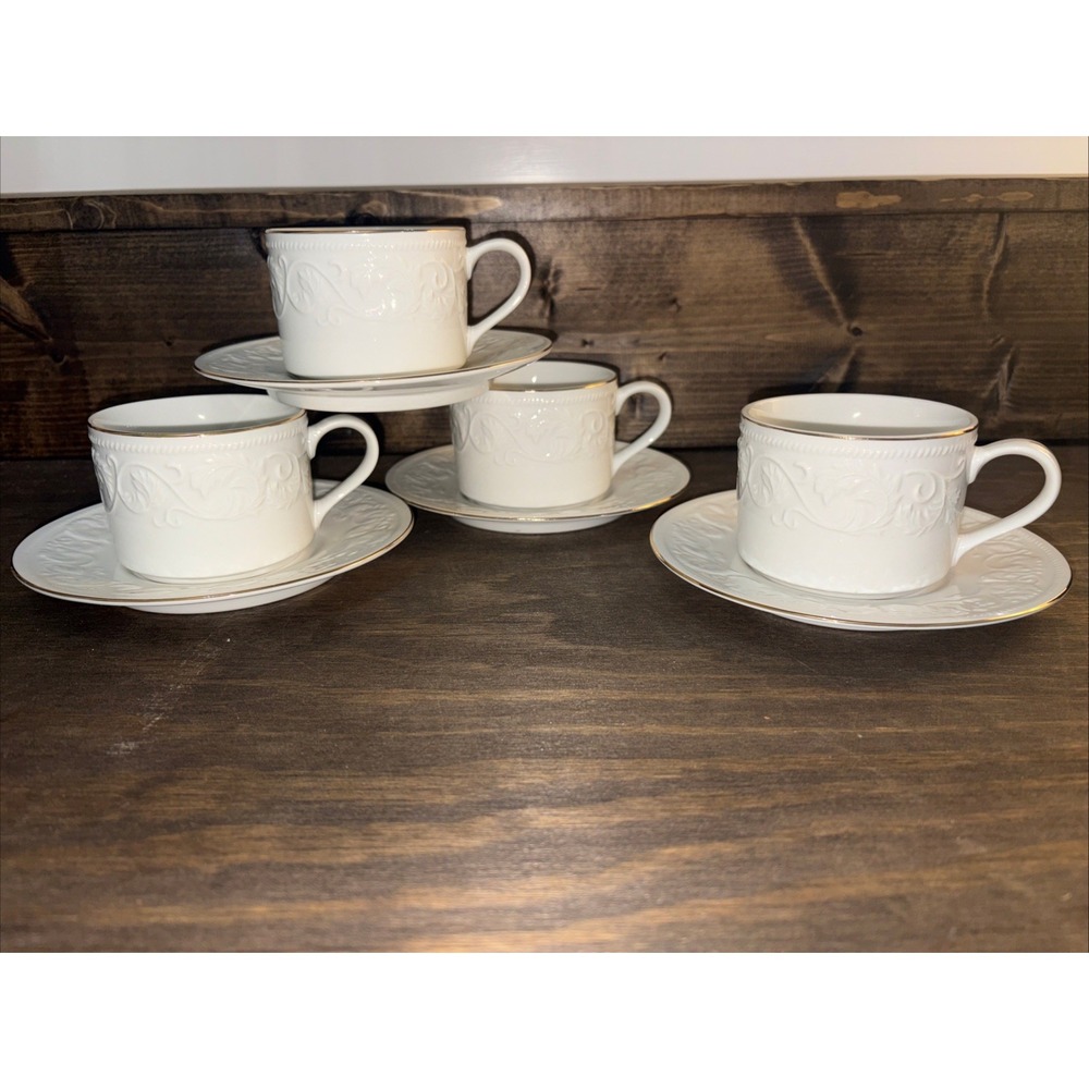 Set Of 4 Farberware Cup & Saucers CALAIS #4173 White Embossed Vintage 1998